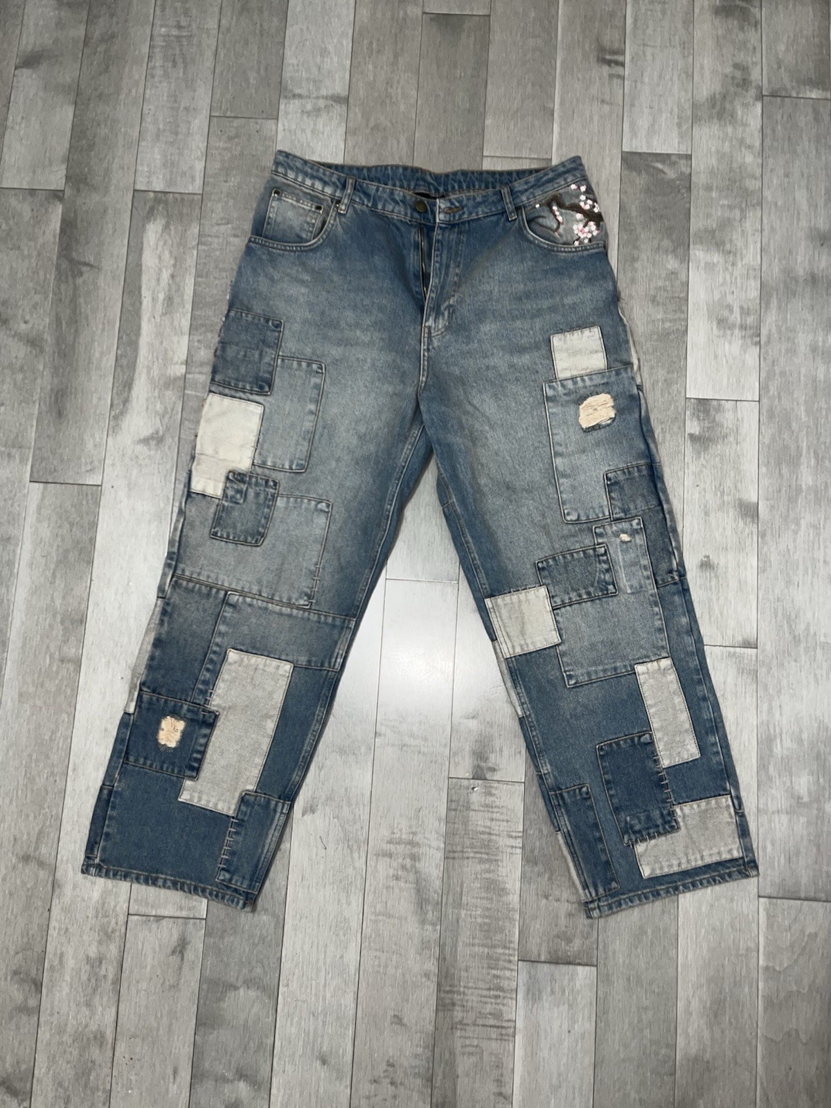 Schuze Patchwork Embroidered Distressed Straight … - image 3