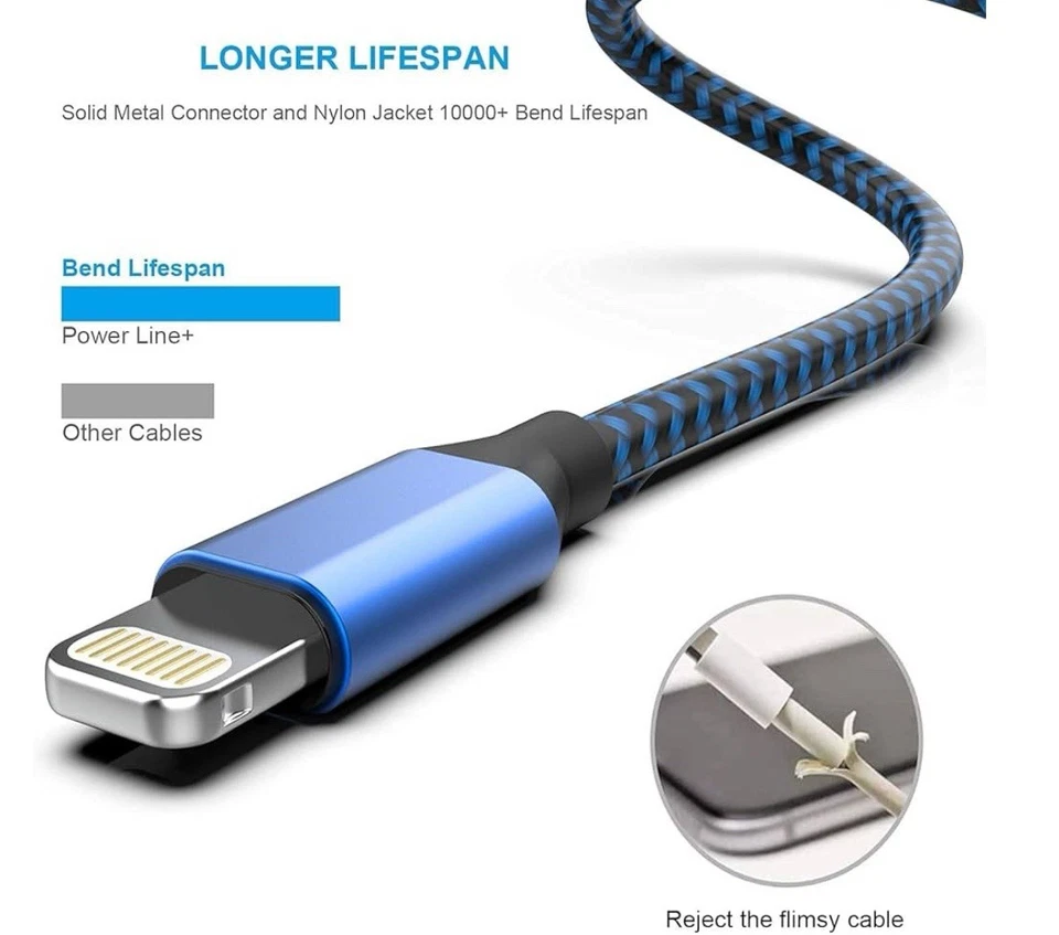 [Apple MFi Certified] 6Pack 3/3/6/6/6/10 FT iPhone Charger Nylon Braided Fast... - Image 2 of 4