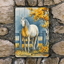 White Horse Metal Sign – Rustic Farm Wall Art Decor, 8x12 Aluminum