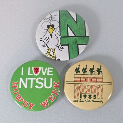 Vintage NTSU UNT North Texas State University HOWDY Novelty Button Pin Lot Of 3