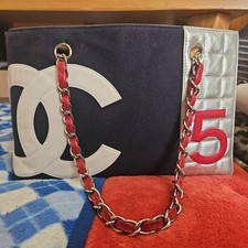 Auth CHANEL CC Chocolate Bar No.5 Chain Tote Shoulder Bag DENIM Leather Vintage