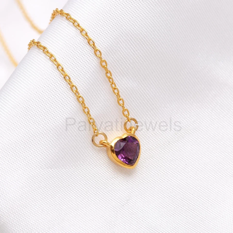 Natural Amethyst Heart Gemstone Solid 18k Gold Christmas Women Pendant Necklace - Image 2 of 4