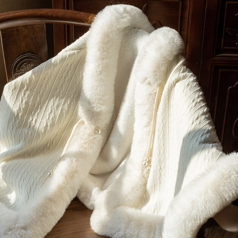 Dama Niñas Capa Capa Abrigo Polar Cálido Poncho Cuello Felpa Capa Qipao Top Invierno Foto 4 de 4