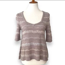 Free People Taupe Geometric Short Sleeve Pointelle Knit Sweater Top Size Medium