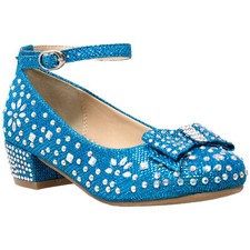 SOBEYO Kids Dress Shoes Girls Glitter Rhinestone Bow Accent Mary Jane Pumps Blue