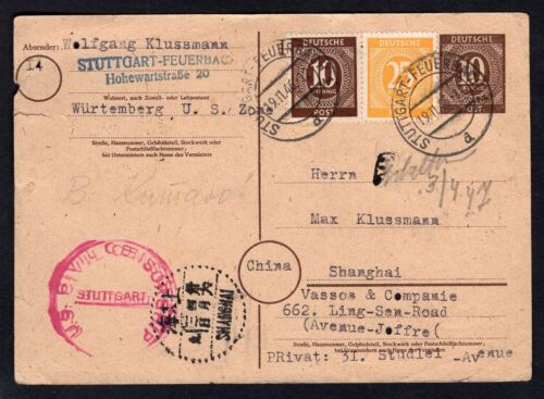 GERMANY 1946 Uprated Numerals Postal Card to CHINA. Censored