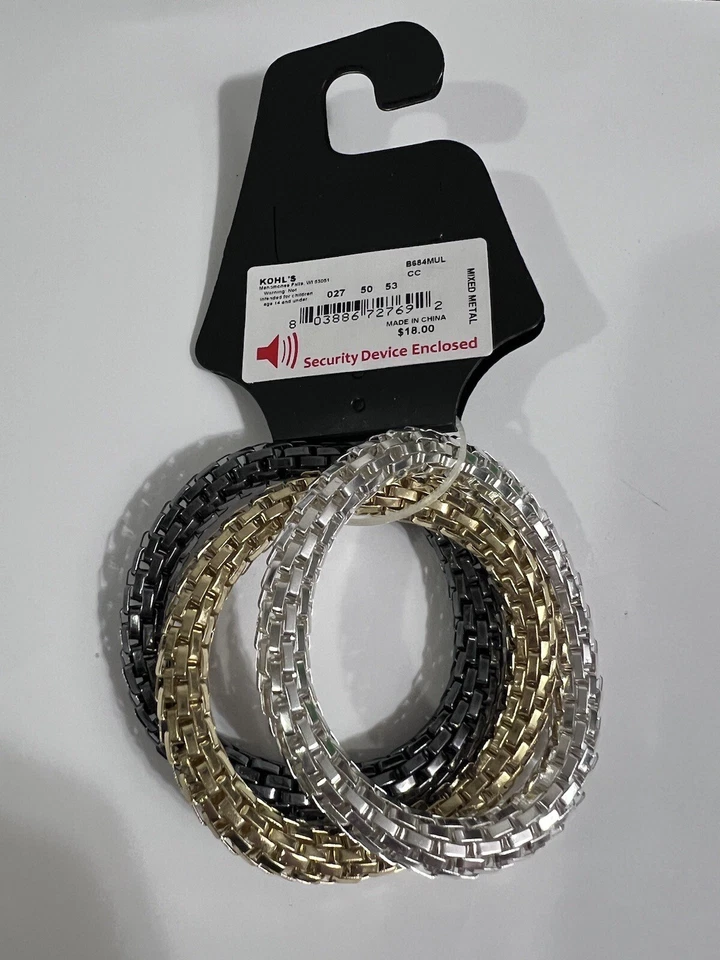 Apt 9 - Juego de 3 pulseras para mujer son negras, plateadas y doradas Foto 3 de 3