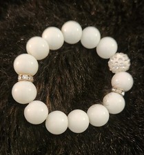  White Beaded Stretch Bracelet Large Rhinestone Bead 2 Small Rhinestone Spacers