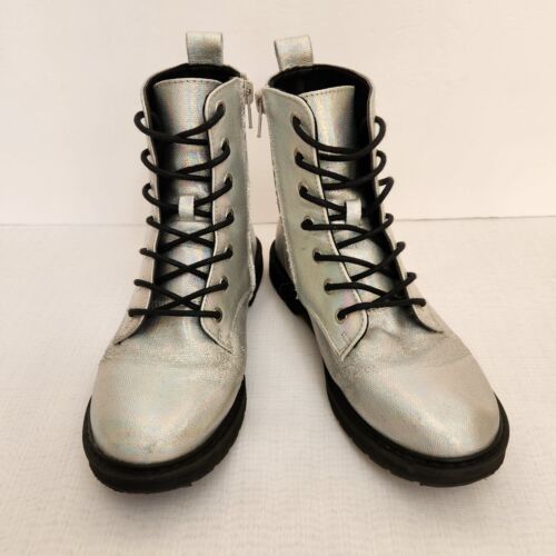 Justice Combat Boots Size 3 Youth Womens 5 Silver Iridescent Metallic Lace Up - Picture 1 of 21