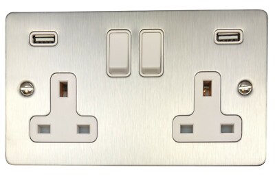 G&H FSS910W Flachplatte Stahl gebürstet 2 Gang Doppelstecker Steckdose USB