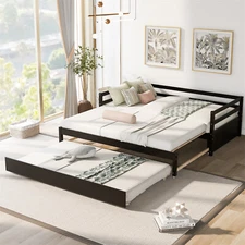 Twin Size Daybed w/ Trundle Wood Platform Bed w/ Wooden Slat Support Espresso