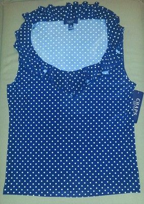 CHAPS Women's Cape Ruffle Blouse/Top Navy Blue/White Polka Dot Size M NEW 50%OFF