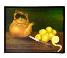 Tea Time Painting Oil on Canvas Kettle with Lemon Still Life Art Decor
