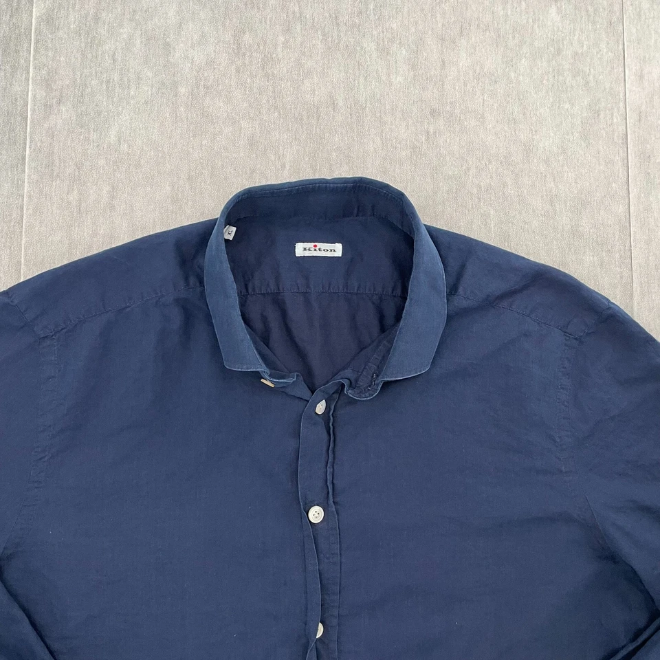Kiton Shirt Adult 44 Blue Long Sleeve Button Up Cotton Made In Italy Mens XL - Image 3 of 4