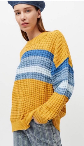 NWT Urban Outfitters BDG Mustard Striped Waffle Knit Oversized Sweater Size M - Picture 1 of 9