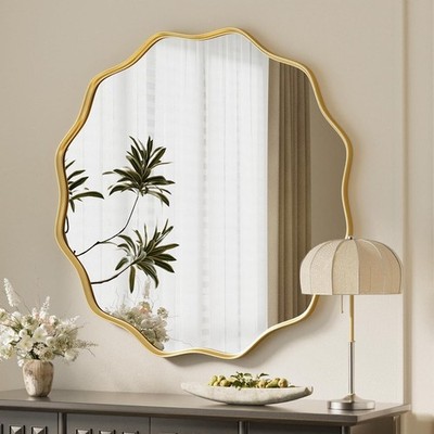 Gold Scalloped Circle Mirror, 30'' Wavy Edge Round Wall Mirror with Tempered