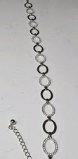 Women  s Silver/Black Skinny Oval Link Chain Belt Adjustable Rhinestone Bling
