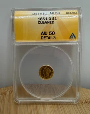 1851 O $1 Dollar GOLD Coin New Orleans Mint CLEANED AU-50 Details ANACS G$1