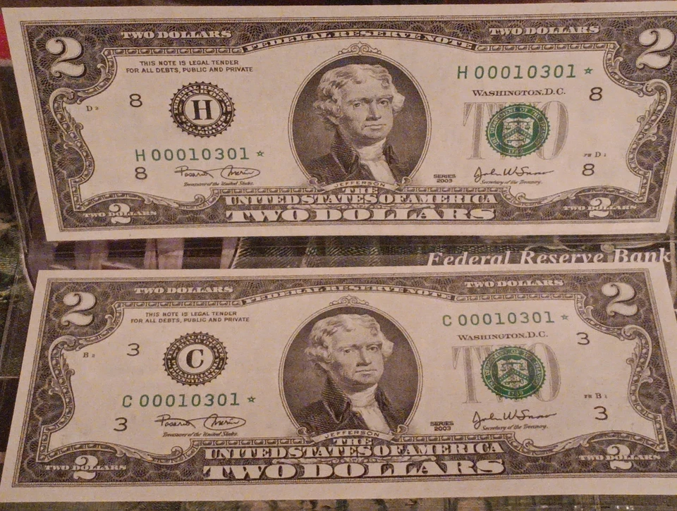 2003- 2 Dollar Star Notes Matching Serials Phili-st Louis Low Prnt Extremly Rare - Image 2 of 4
