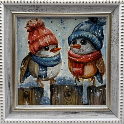 Original Oil Painting Winter Birds Naive Art Miniature Framed Size 4*4 inches