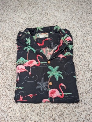 Vintage Paradise Found Pink Flamingo Hawaiian Camp Black Shirt Men's XL Aloha 