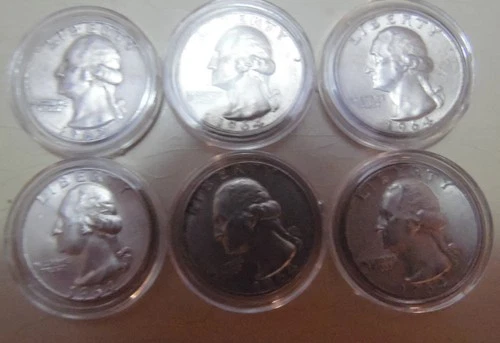 6x 1964 Washington Quarters - Fine or better - 90 Percent Silver - BELOW SPOT