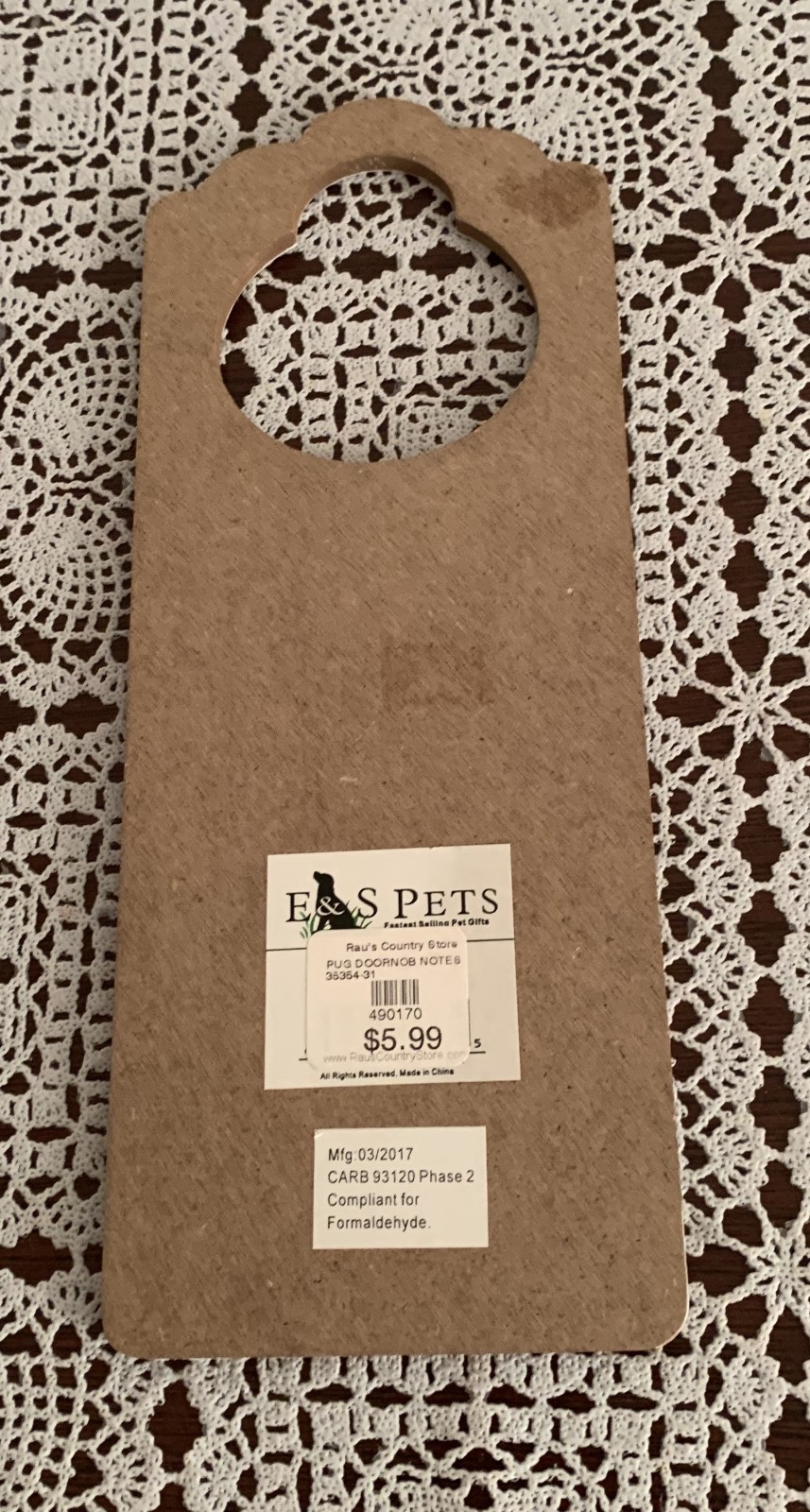 Doorknob Notes Spoiled Rotten Pug Lives Here Wooden Sign Fawn 5 x 10 Inch  NWT