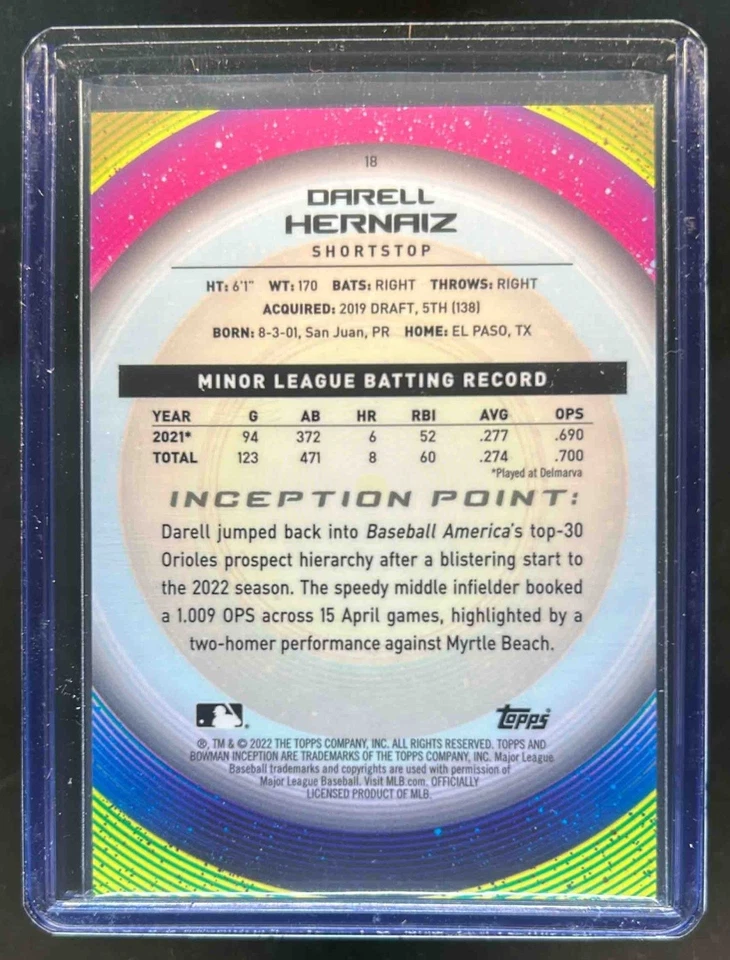 2022 Bowman Inception Darell Hernaiz #18 Orioles - Image 2 of 2