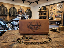 3 Skull Genuine Leather Trifold RFID Blocking Biker Wallet With Chain