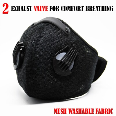 2 PC Cycling Face Mask With Active Carbon Filter Breathing Valves Reusable