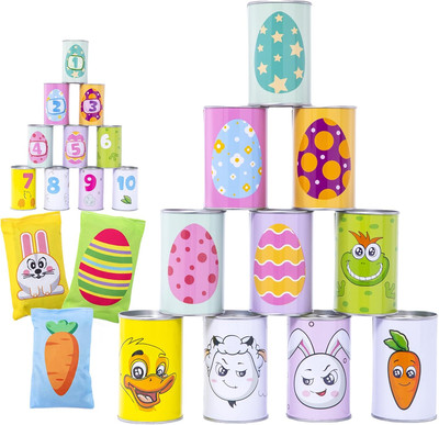 13 Pcs Easter Carnival Knockdown Can Game Set, Bean Bag Toss Game for Kids Adult