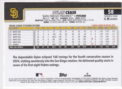 2025 Topps MLB Baseball Series 1 No. 58 Dylan Cease Padres - Bild 2 von 2