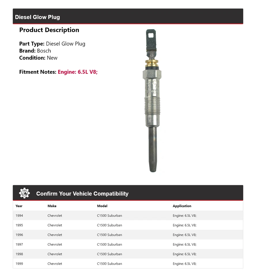 Para Chevrolet C1500 Suburban 1994-1999 6,5 L V8 Bosch diésel bujía incandescente 1995 1996 Foto 2 de 3