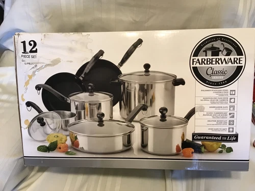 New Farberware Classic 12 piece set cookware Stainless and 2 non stick with lids