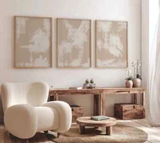 Abstract Wall Art Set Of 3 Posters Beige And White Neutral Brush Stroke Posters