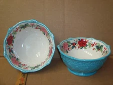 PIONEER WOMAN Set of 2 Teal CHEERFUL ROSE 7.1" Cereal Bowls                     