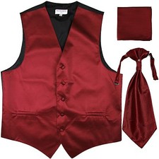 New Men's Horizontal Stripes Tuxedo Vest Waistcoat Ascot Hankie Set Burgundy