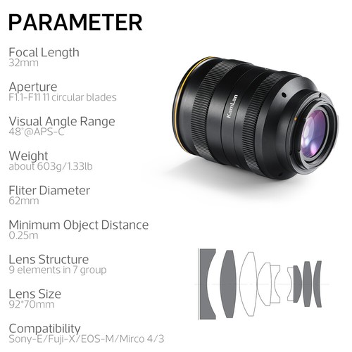 US KamLan 32mm F1.1 MF APS-C Manual Large Aperture Lens for Fuji X Mount Camera - Picture 8 of 12