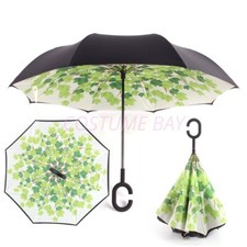 Windproof Upside Down Reverse Umbrella C-Handle Double Layer Inside-Out Inverted