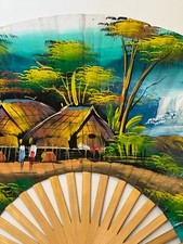 Vintage 40 inch Wide Hand Painted Japanese Fan on Silk Fabric with Split Bamboo