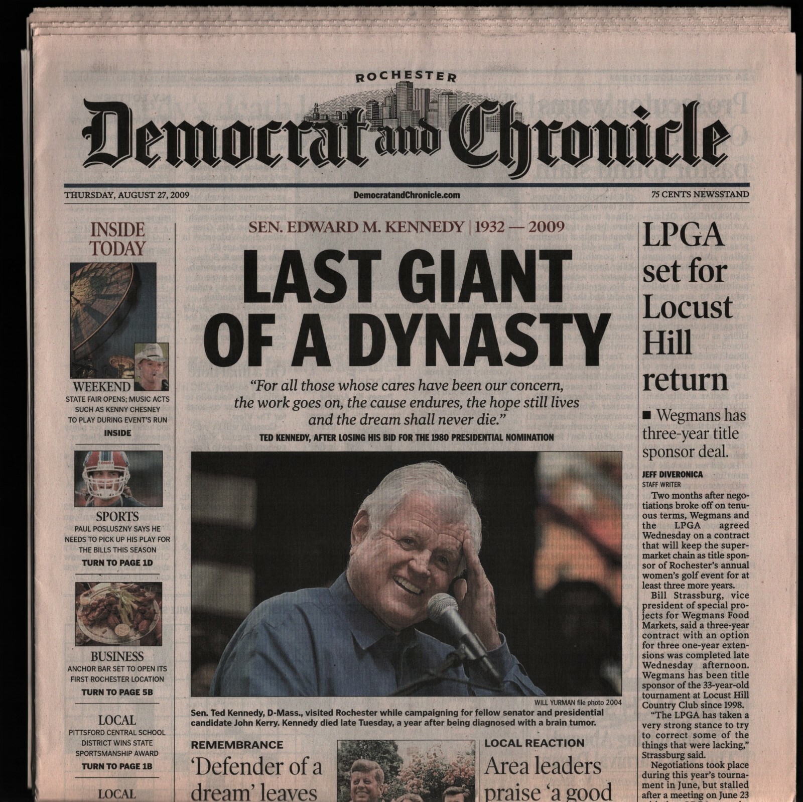 Democrat & Chronicle Aug 27, 2009 Ted Kennedy Death, Paul Posluszny 110221WEEM