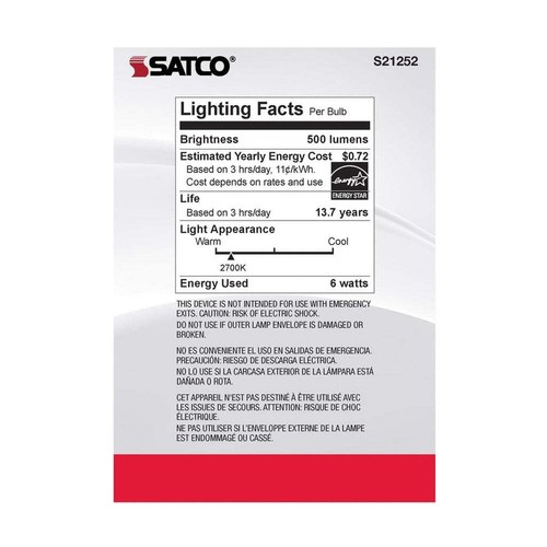 SATCO 6W G40 LED - Clear - Medium base - 90 CRI - 2700K - 120V - 6PK. - Picture 6 of 6