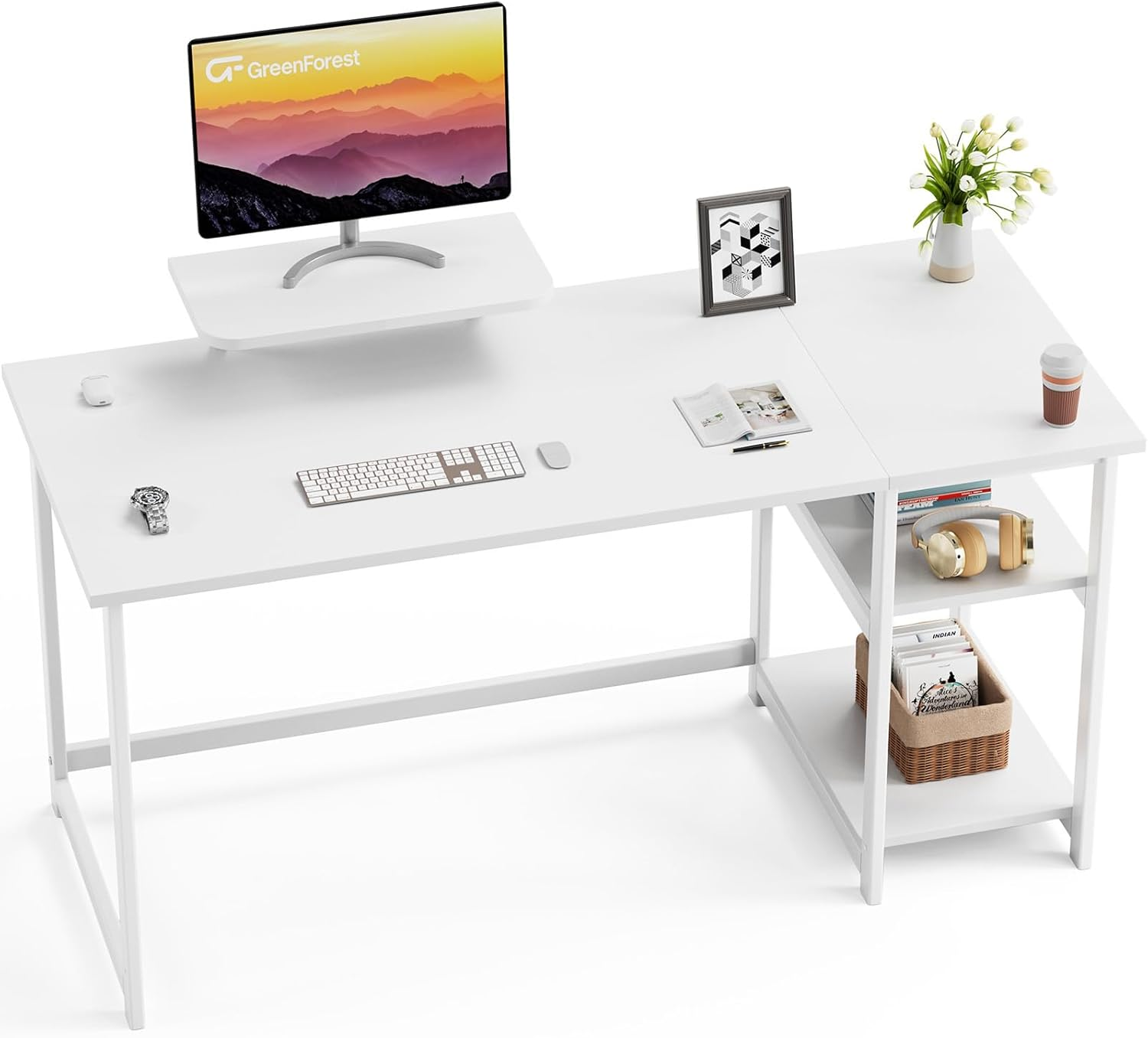 55-inch Home Office Desk with Monitor Stand and Reversible Storage Shelves for Ultimate Organization