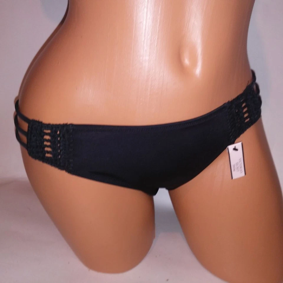 Bikini de natación Victoria Secret 34D parte superior parte inferior media negro macramé push up tiras Foto 3 de 4