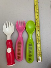 Toddler Fork/Spoon Set, 3 Piece Set 2 Sporks 1 Spoon. Red, Pink Green.