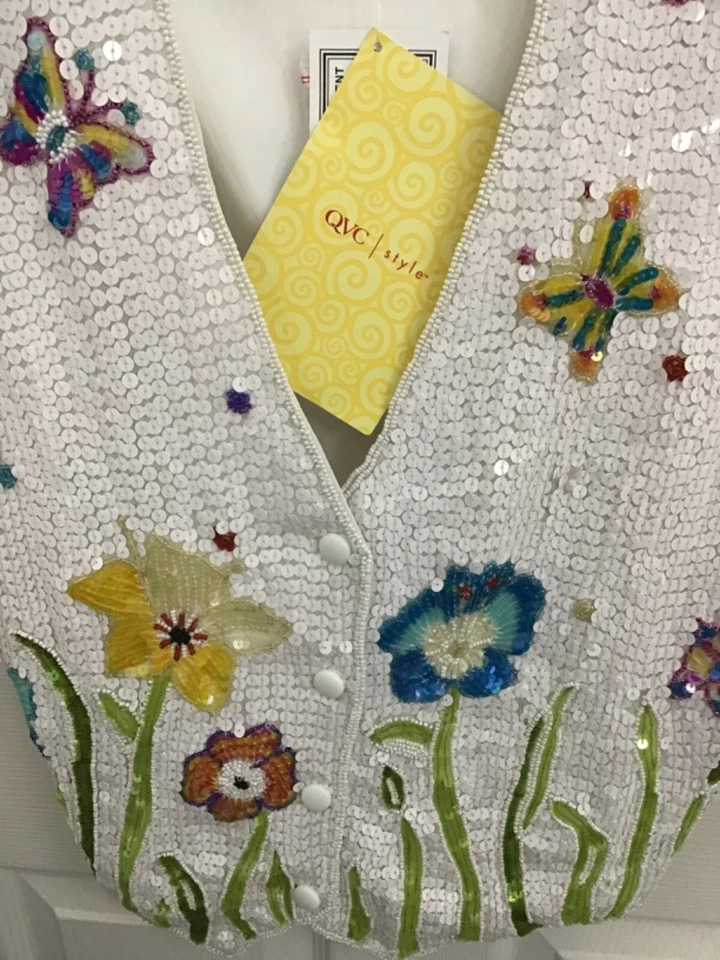 The Quacker Factory Vest : Flowers Butterflies White Sequin Size M - New w/ Tags - Image 2 of 4