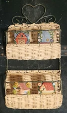 16.5" x 8" Black/Gold Metal Wall Hanging Basket Rattan Wicker Ceramic Birdhouses