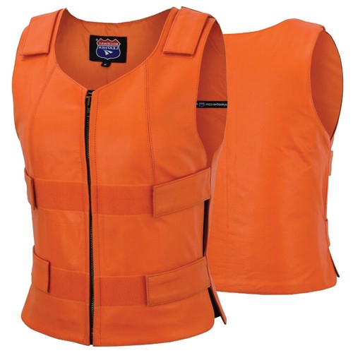 Women Orange Bullet Proof style Leather Motorcycle Vest biker Club Tactical Vest - Picture 9 of 9