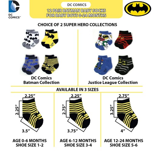 DC Comics Assorted Superhero Characters 12 Pair Socks Set, Baby Boys, Age 0-24M - Picture 9 of 49