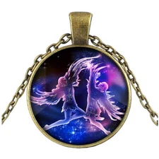 Gemini Twins Fantasy Zodiac Glass Cabochon Necklace 18" Bronze Chain USA Seller